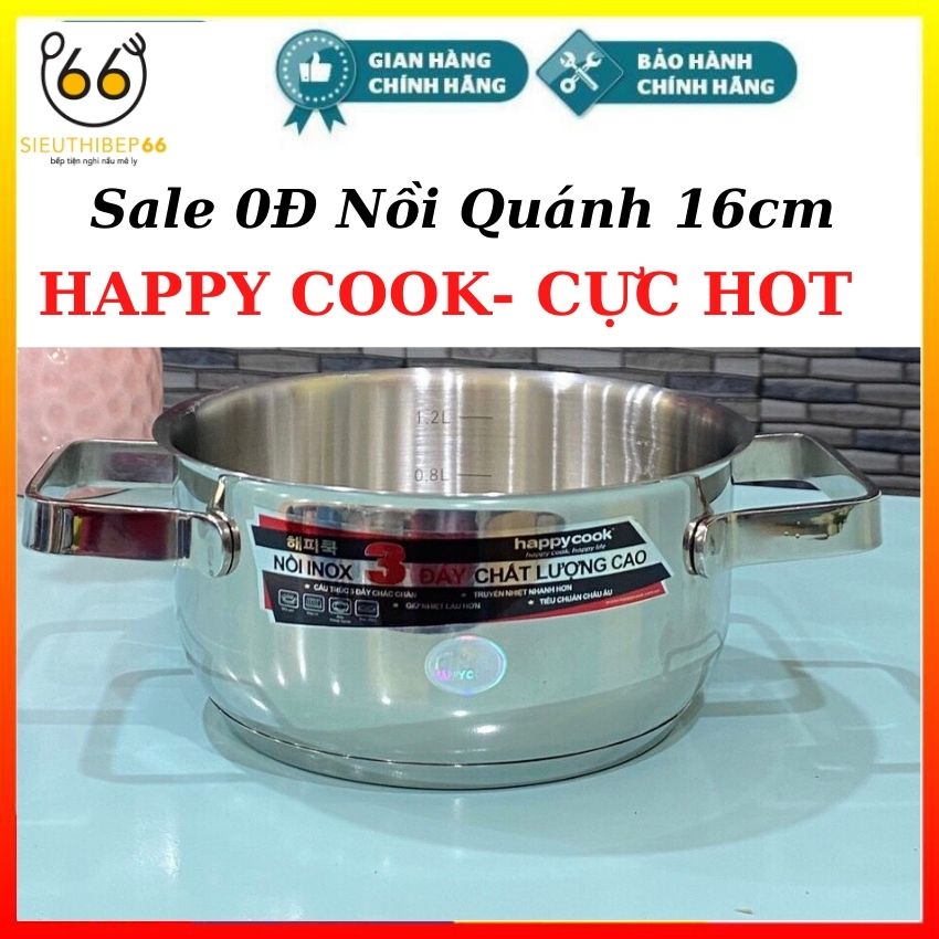 Nồi Inox 3 đáy 16cm Happycook, Nồi đáy từ chống dính kèm vung kính, Quánh nấu bột nấu cháo dùng cho bếp từ, bếp điện