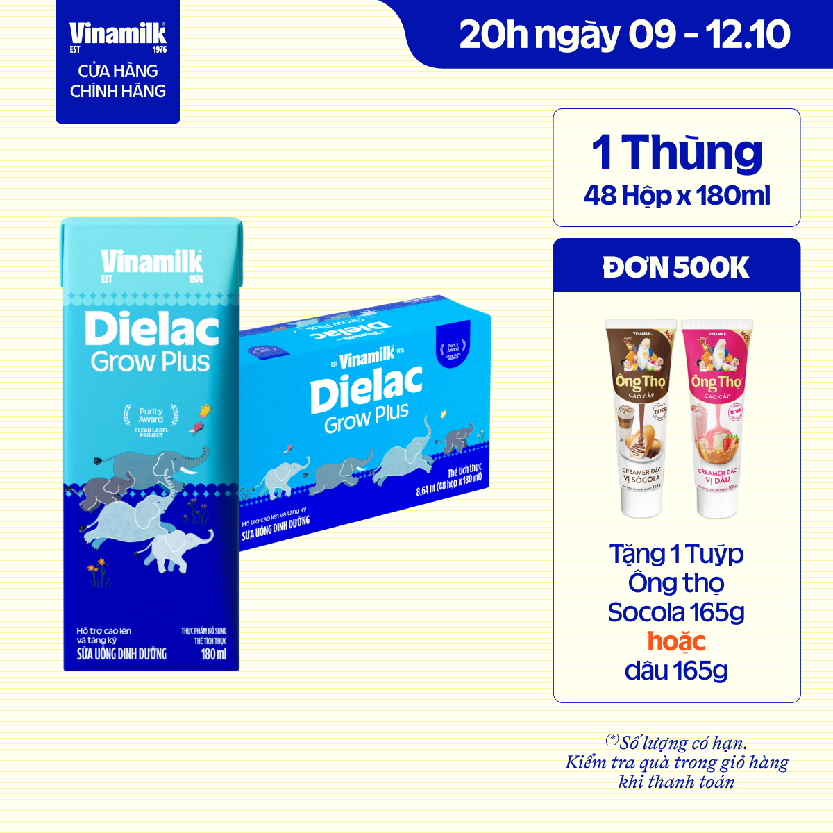 Thùng 48 hộp Sữa Non Vinamilk Dielac Grow Plus (Sữa Uống Dinh Dưỡng) 180ml - Sữa nước hỗ trợ Trẻ suy dinh dưỡng, thấp còi giúp trẻ Tăng cân cao khỏe (Sữa dành cho trẻ em trên 1 tuổi)