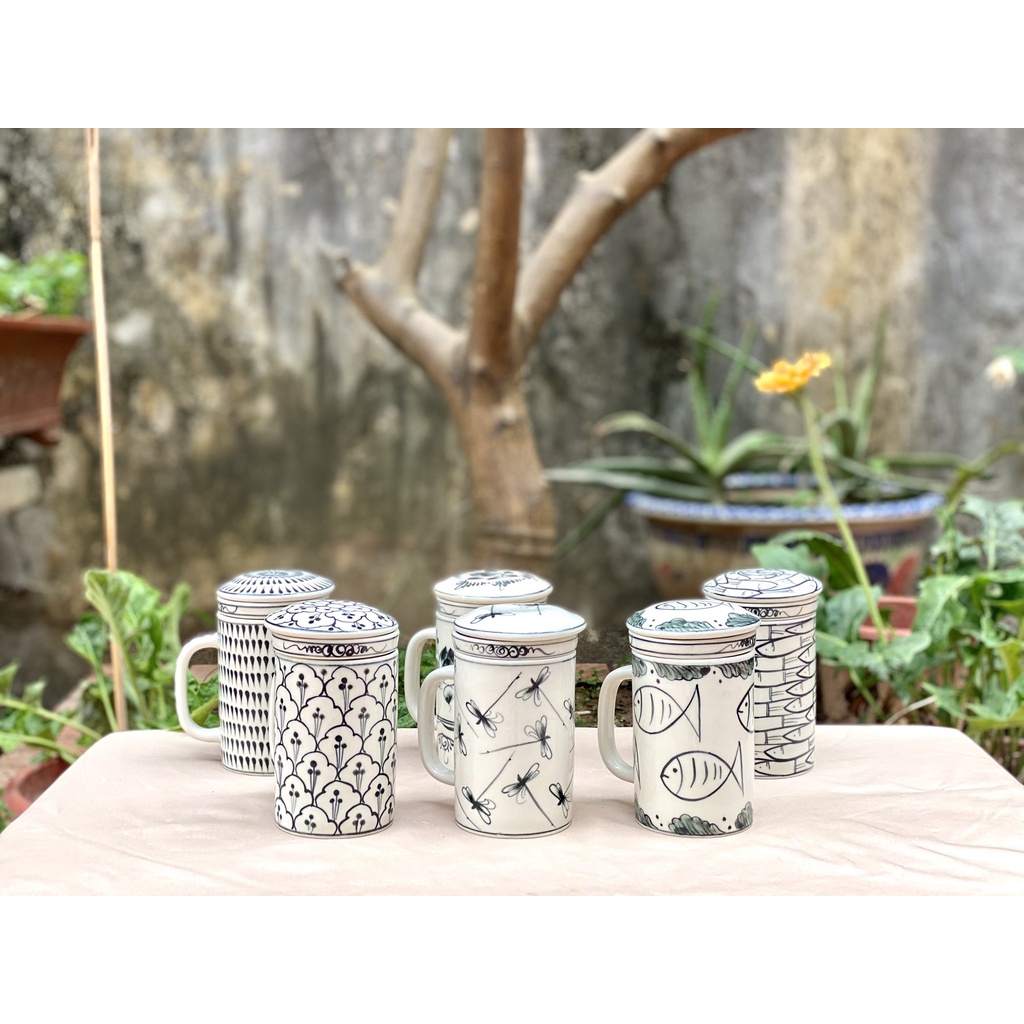 Cốc Lọc Trà Có Nắp🥂🥂 Ca Uống Nước 🥂🥂 Dáng Trụ Họa Tiết Bát Tràng vẽ tay gốm sứ cao cấp B53