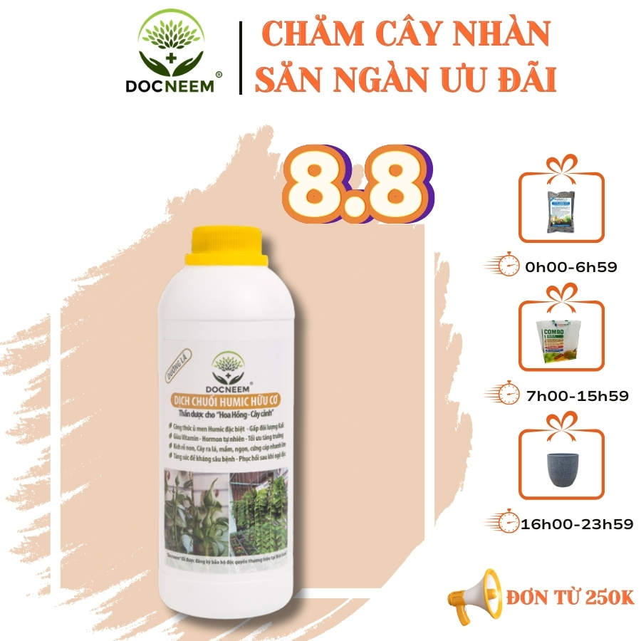 Phân bón hữu cơ dịch chuối DOCNEEM, phân bón cho phong lan, hoa hồng, cây cảnh kích rễ, kích kei, chồi, mầm, chai 1 lít