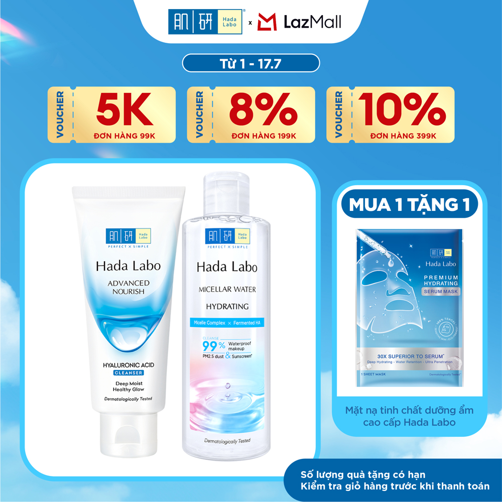 [VB] Bộ đôi sạch sâu - ẩm mượt Hada Labo (Nước tẩy trang Hada Labo Micellar Water Hydrating 240mL + Sữa rửa mặt dưỡng ẩm Hada Labo Advanced Nourish Hyaluronic Acid 80g)