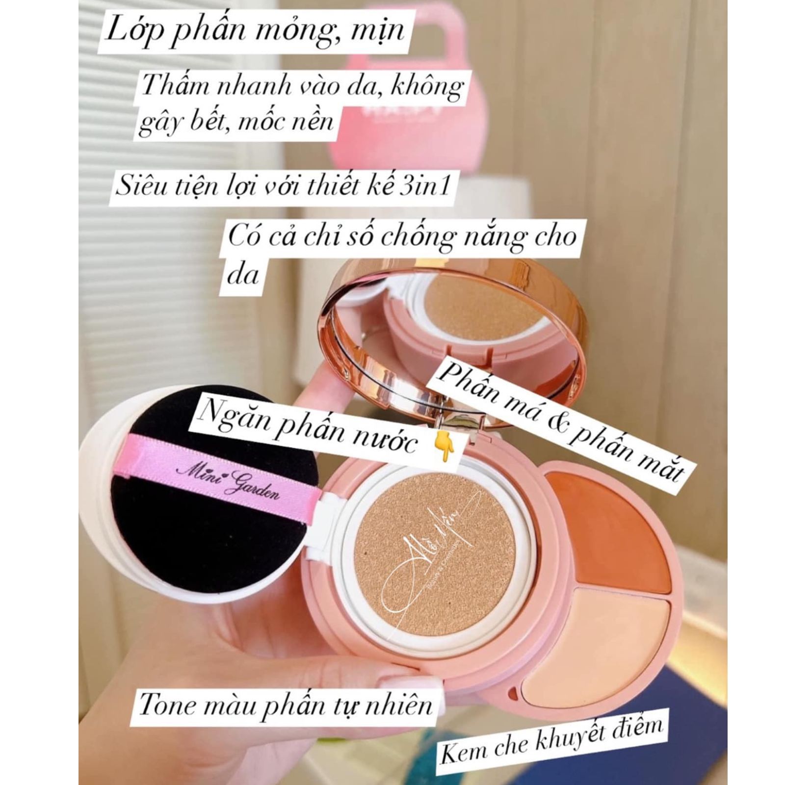 Cushion che khuyết điểm makeup phấn nước 3In1 SPF 40+ PA+++ MINIGARDEN thành phần an toàn kháng nước chống lem chống trôi ăn tệp vào da lên tone tự nhiên mịn lì  LALASTORE DN