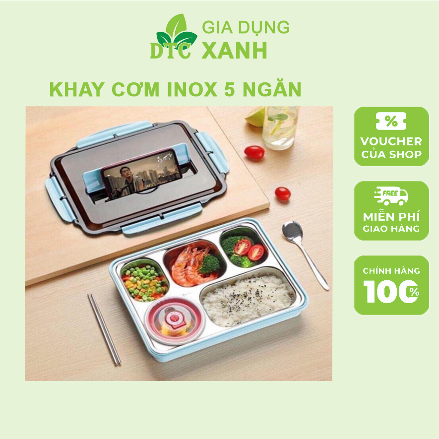 Khay cơm inox 5 ngăn, Kèm Đũa Thìa Có Nắp Đậy Chống Tràn, Hộp đựng cơm văn phòng 5 ngăn kèm đũa thìa bằng inox