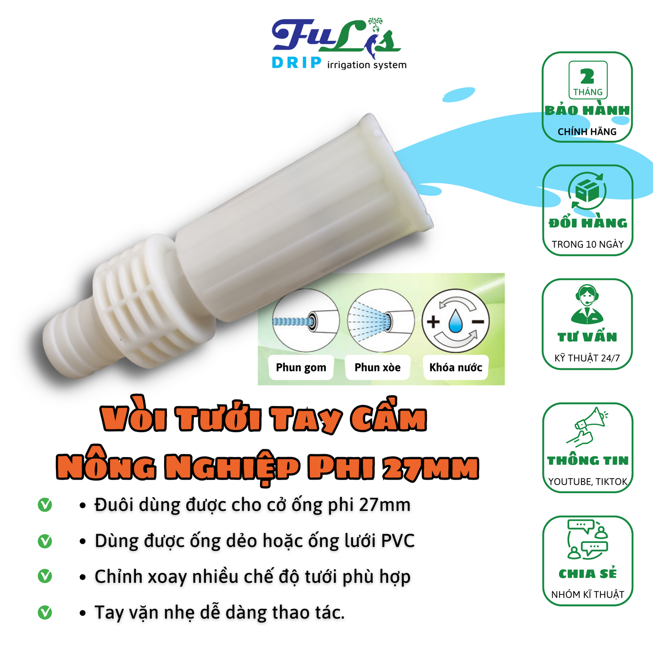 Vòi Tưới Nông Nghiệp Tay Cầm Nhựa ABS Chất Lượng Phi 27mm Cho Nhà Vườn, Nông nghiệp, Sân Vườn   - Fulis