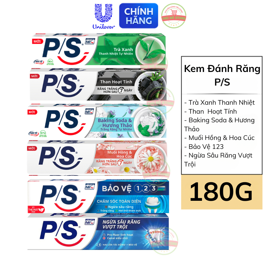 Kem đánh răng ps trắng răng trà xanh/ than hoạt tính/ baking soda/ muối hồng/ bảo vệ 123 /ngừa sâu răng 180g