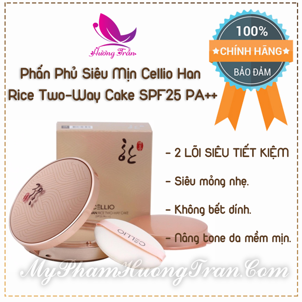 Phấn Phủ Nano Siêu Mịn Chống Nắng Cellio Han Rice Two-Way Cake SPF 25 PA++ (2 Lõi) - Chính Hãng
