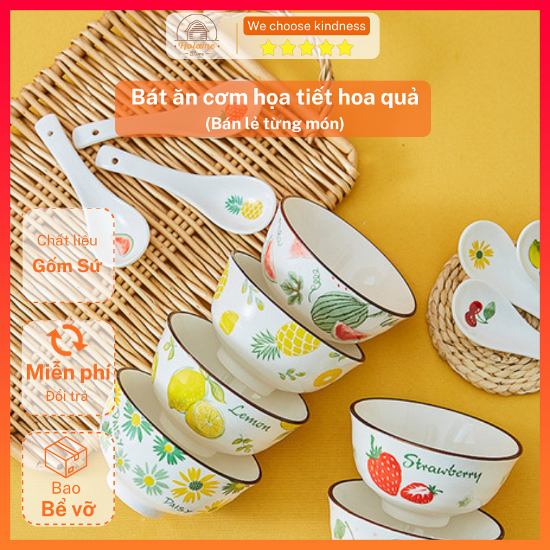 Bát ăn cơm, chén ăn cơm sứ, thìa sứ họa tiết hoa quả trái cây - bát decor phong cách Hàn Quốc
