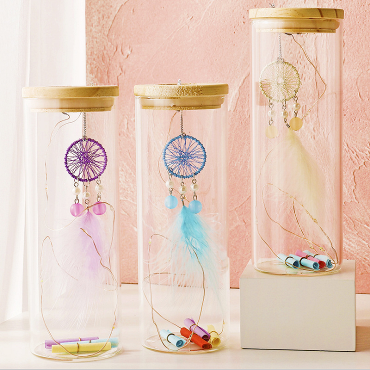 Bình thủy tinh Chuông gió Dreamcatcher - vòng theo đuổi giấc mơ có đèn phát sáng, lọ ước nguyện - quà tặng độc đáo, giao màu ngẫu nhiên