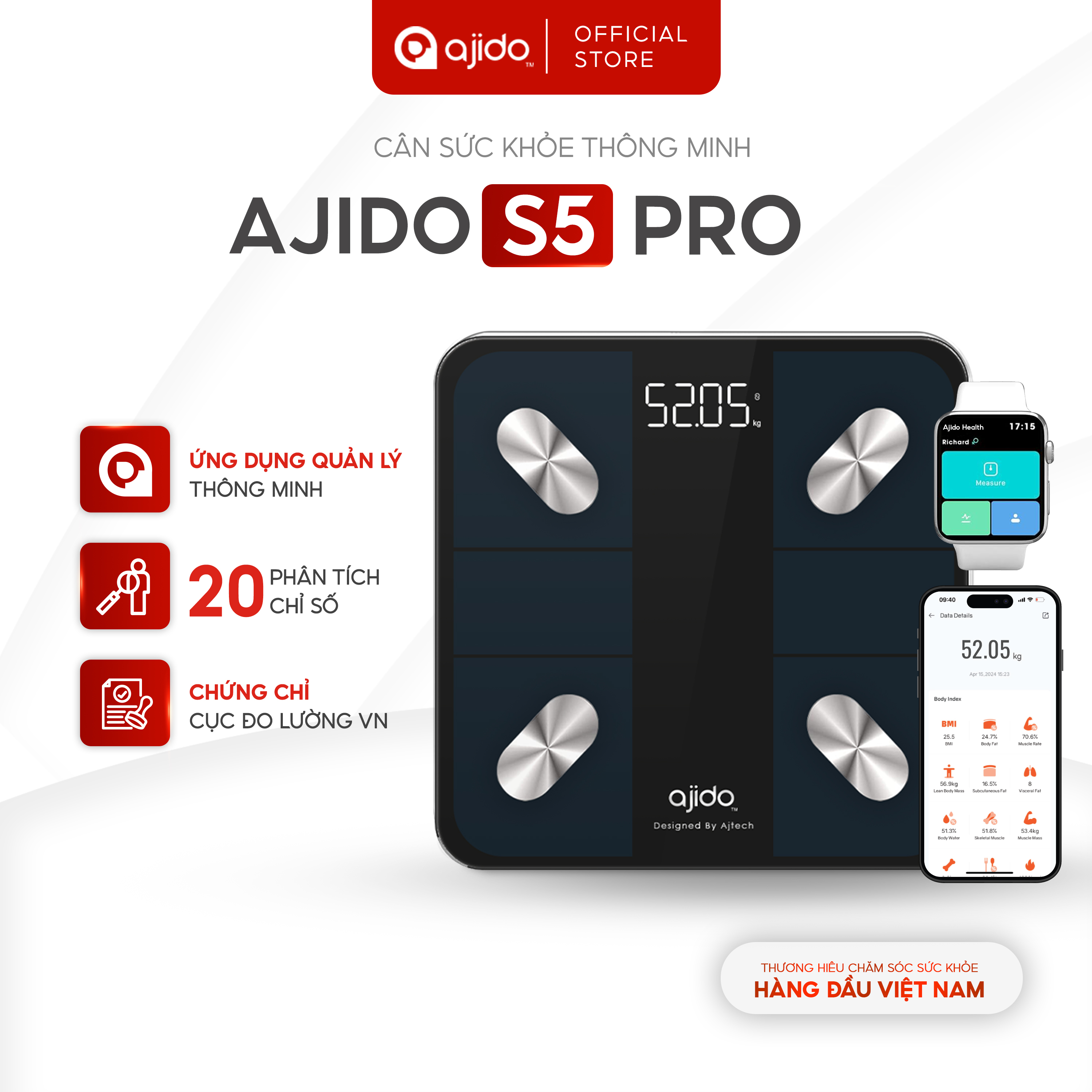 Cân điện tử thông minh ajido s5 pro kết nối bluetooth với app theo dõi sức khỏe sức khoẻ, phân tích 20 chỉ số cơ thể