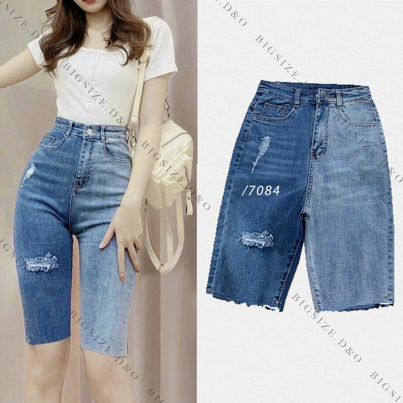 Bigsize quần ngố jeans co giãn, lưng cao, đen-xanh đậm-xanh sáng