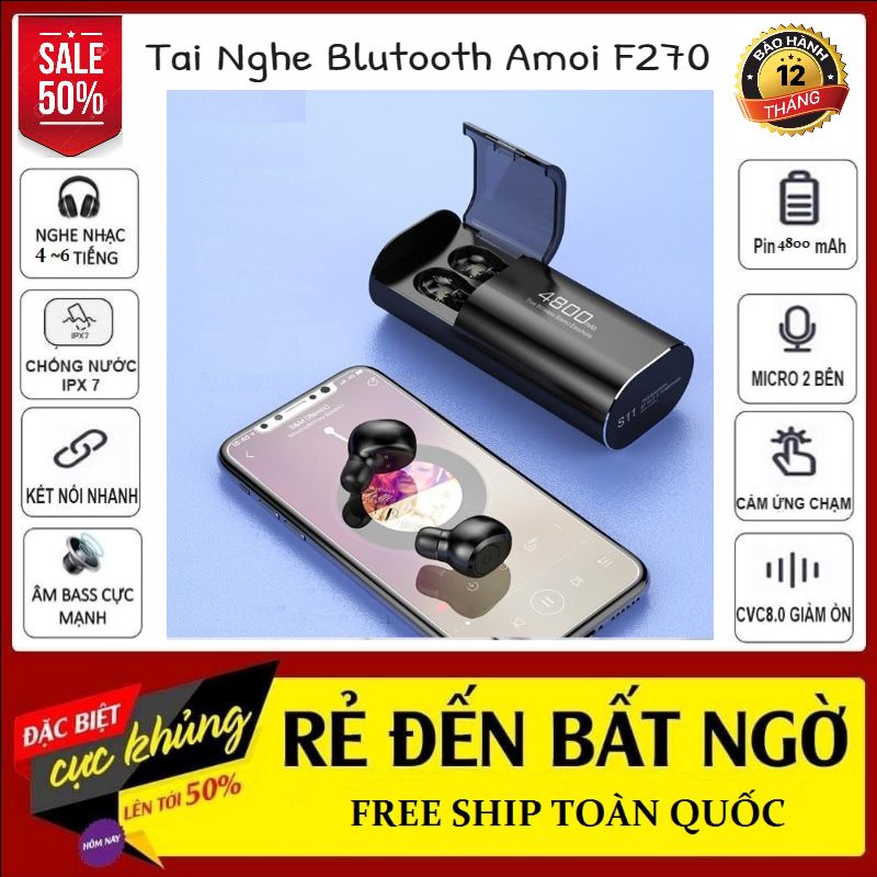 Tai nghe Bluetooth AMOI F270 Nút Bấm kiêm pin sạc sự phòng 4800mAh, chống nước, micro thoại, pin trâu - Tai nghe nhạc pin trâu - Tai nghe bluetooth không dây i11, i12 - Tai nghe chơi game