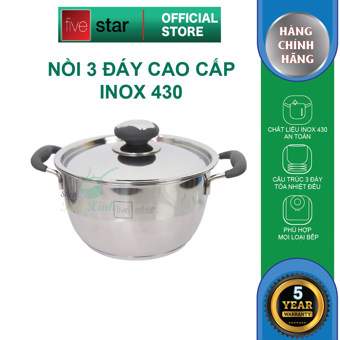 Nồi 3 đáy inox 430 cao cấp Fivestar Standard quai silicon chống nóng nắp inox ( 16cm / 20cm /24cm / 26cm) , dùng được mọi bếp