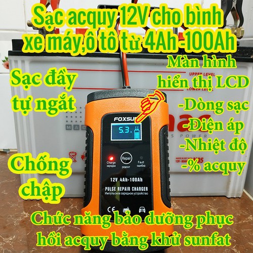 Sạc bình ac quy 12v FOXSUR từ 4Ah-100Ah có chức năng phục hồi acquy bằng khử sunfat, thông minh tự ngắt khi đầy, chống ngược cực - Sạc acquy xe máy , acquy ô tô