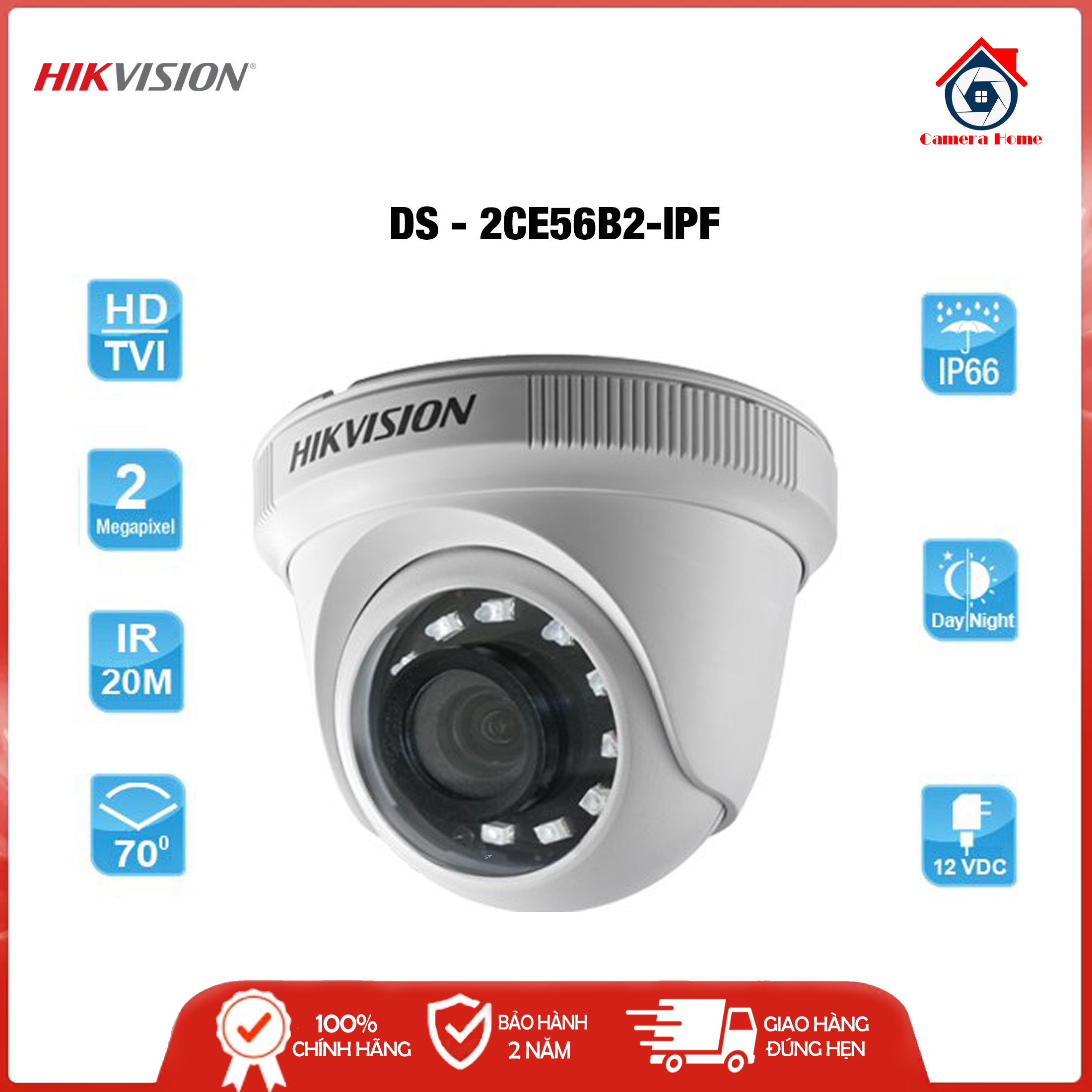 Camera quan sát analog hd hikvision ds-2ce56b2-ipf hd-tvi, 2.0mp, hồng ngoại 20m - camera home