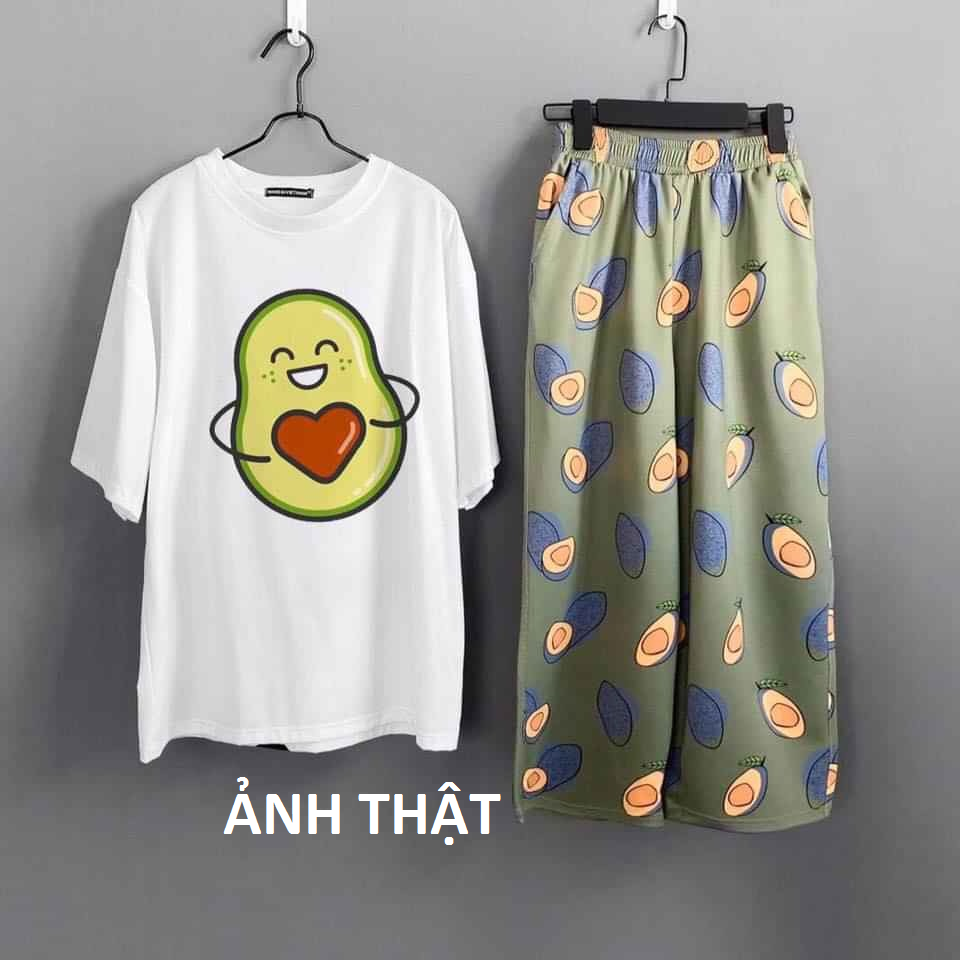 Set Trang Phục, Đồ Bộ Nữ Gồm Áo Thun Nữ Tay Lỡ Form Rộng Hình Bơ Trái Tim Kèm Quần Baggy Ống Rộng Lưng Thun Phối Hình Quả Bơ Trái Tim