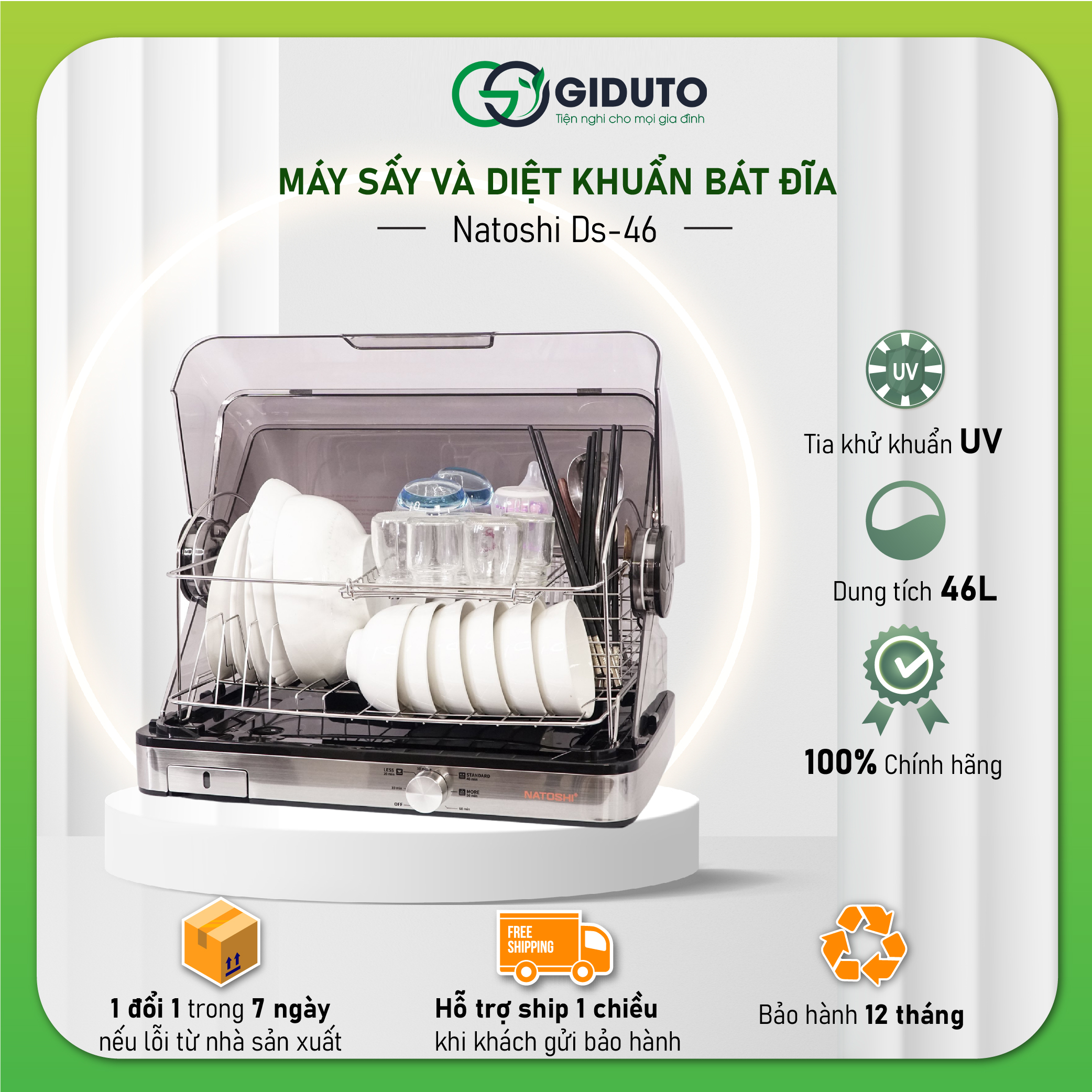 Máy Sấy Và Diệt Khuẩn Bát Đĩa Natoshi DS-46 - Bảo hành 12 tháng - Giduto