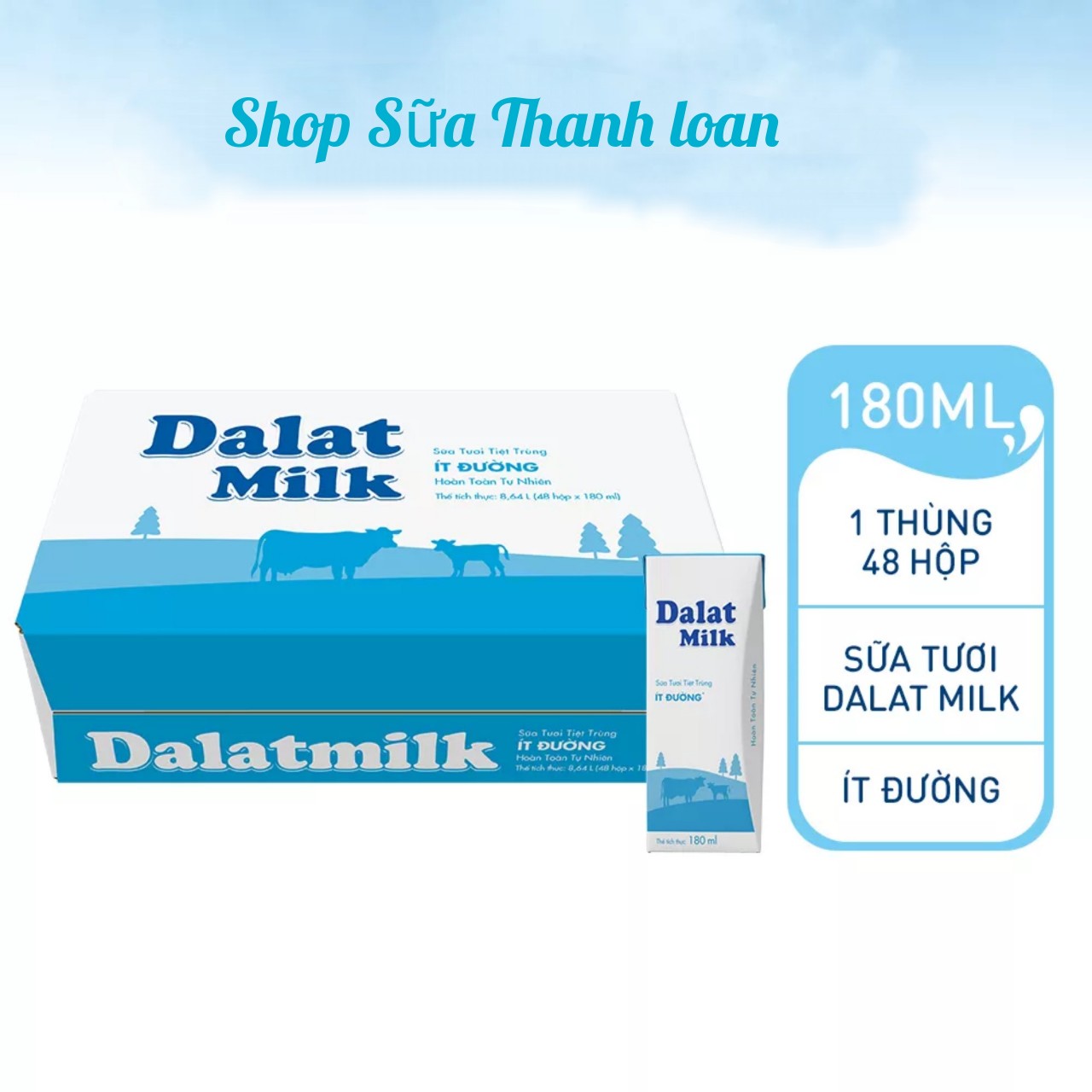 (HDS T11-2024) Thùng 48 Hộp Sữa tươi tiệt trùng Ít Đường Dalat Milk 180ml.