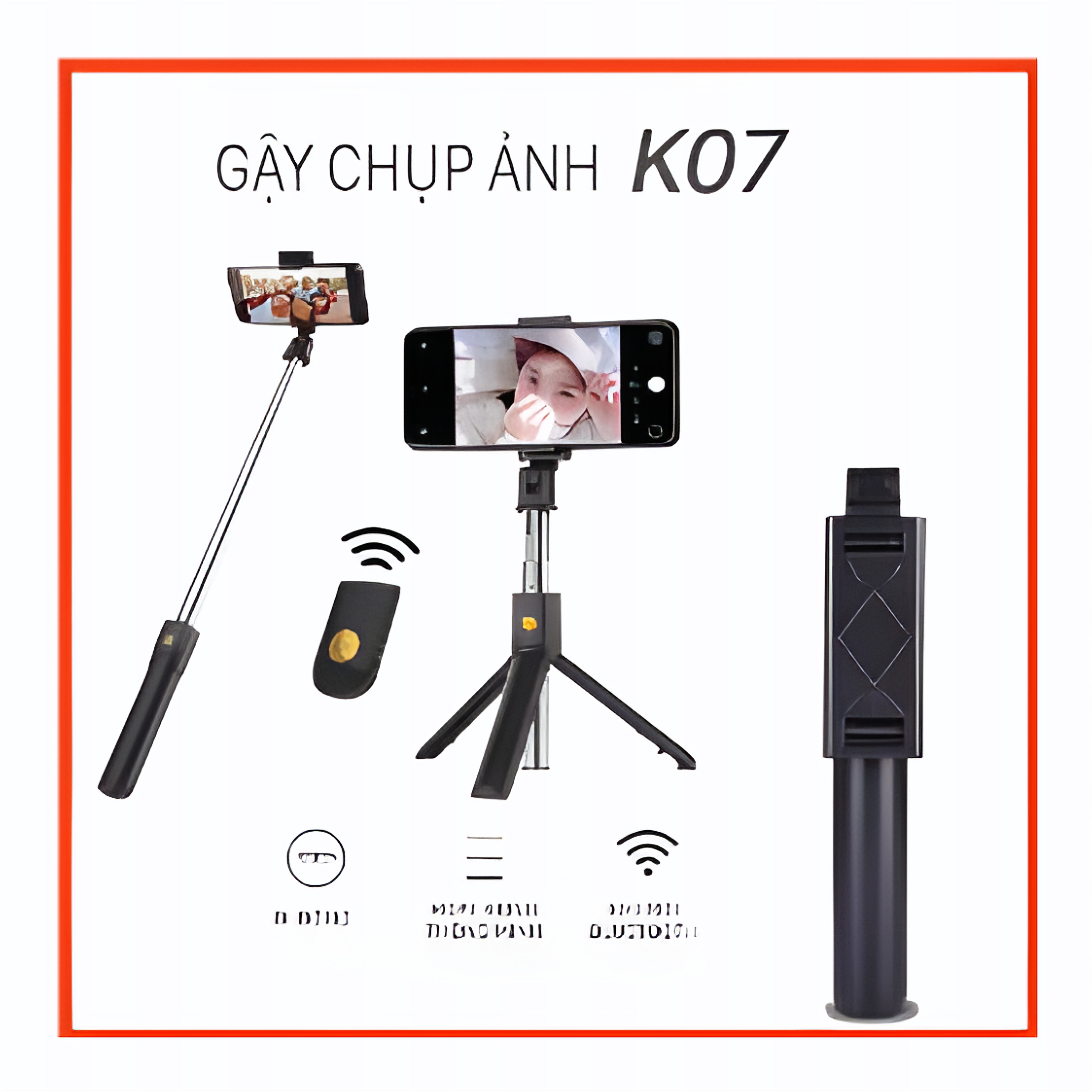 Gậy Chụp Ảnh Selfie K07 BombStore – Kèm nút bấm bluetooth.