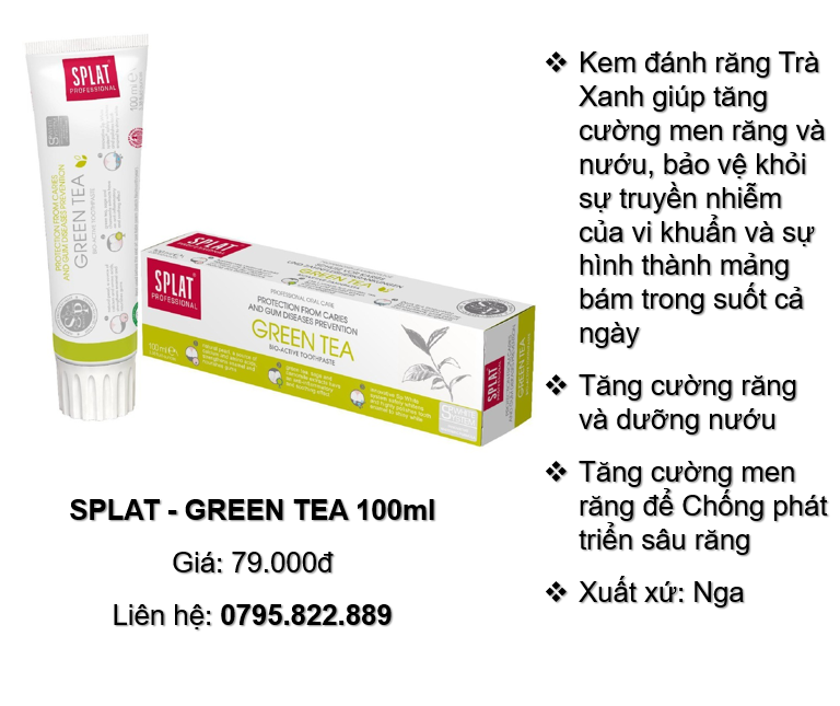 Kem đánh răng trà xanh tăng cường men răng, diệt khuẩn splat - green tea 100ml