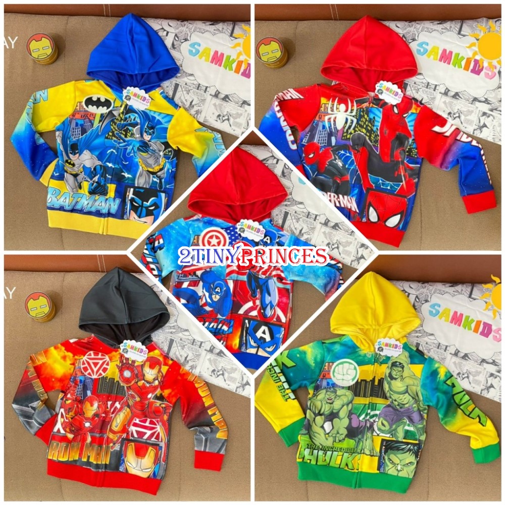 Áo khoác siêu nhân người nhện, người sắt, đội trưởng mỹ, khổng lồ xanh in logo dạ quang có nón cho bé trai AKBT13