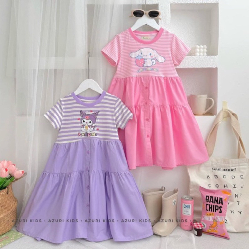 Váy bé gái 10-35kg sọc ngang hoạ tiết cinnamoroll hót hút, đầm bé gái dáng xuông