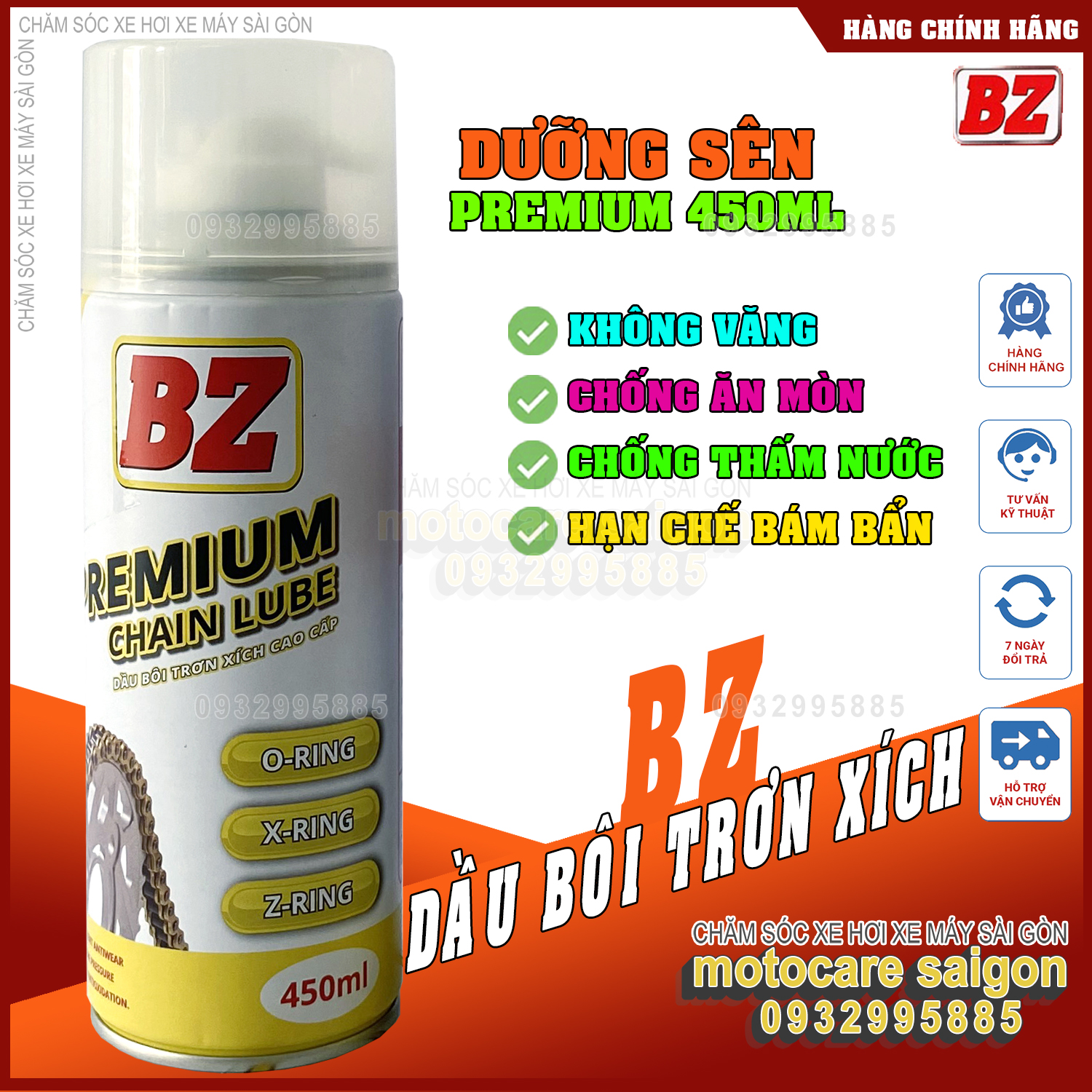 Dưỡng sên BZ Premium Chain Lube 450ml - Bôi trơn sên bz Premium , xịt dưỡng sên bz mẫu mới  bản cao cấp