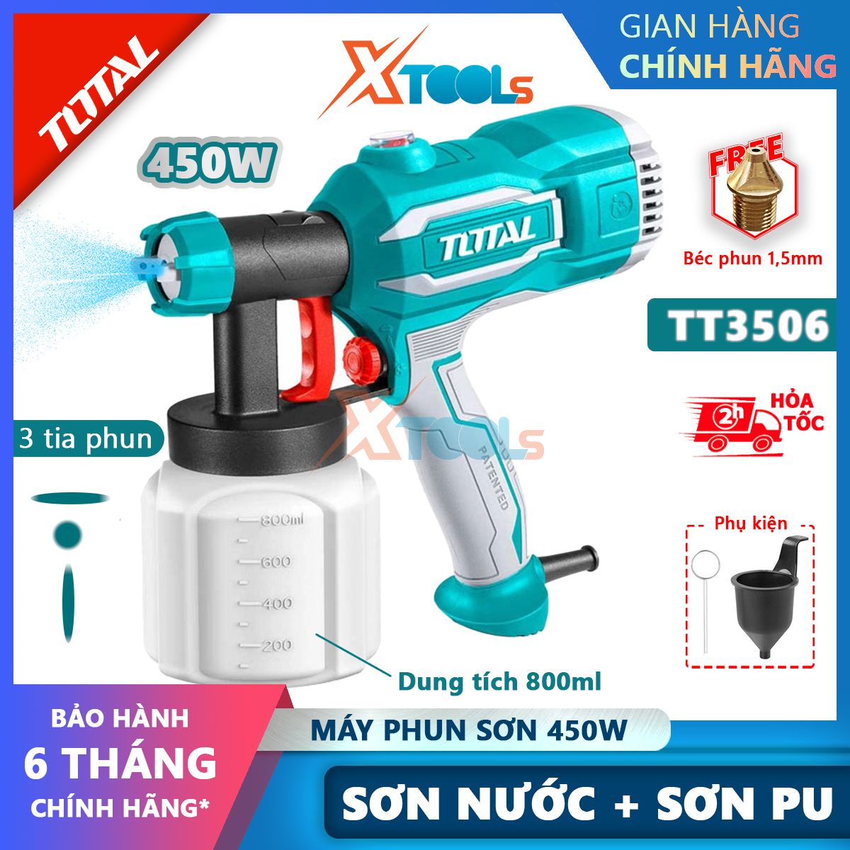  Máy phun sơn cầm tay dùng điện TOTAL TT3506 súng phun sơn điện 220v 450W 800ml sơn đa năng sơn PU sơn nước sơn nhà gỗ kim loại 