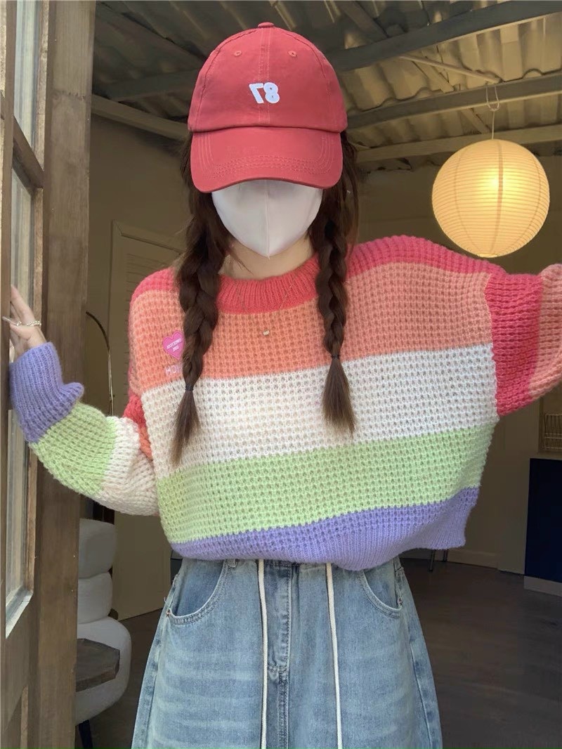 Aó len Chui Form Rộng Sọc Ngang Nhiều Màu