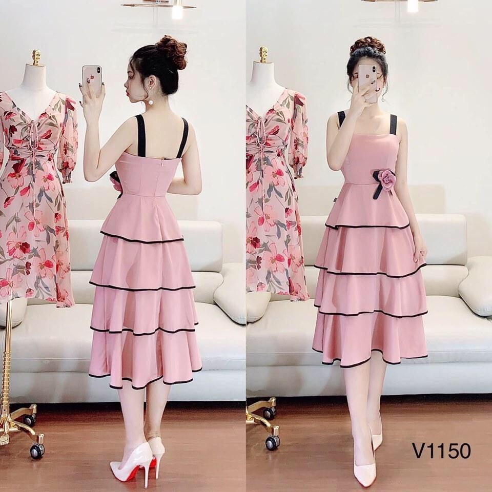 (Kèm hình thật) Đầm xòe 4 tầng đính bông - hàng thiết kế chuẩn shop