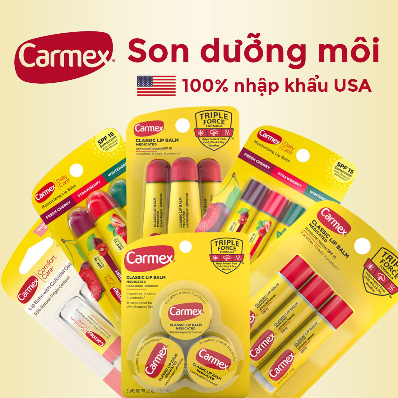 Son dưỡng môi carmex nhập mỹ đủ loại, son dưỡng không màu, chống khô môi, nứt nẻ môi, dưỡng ẩm môi