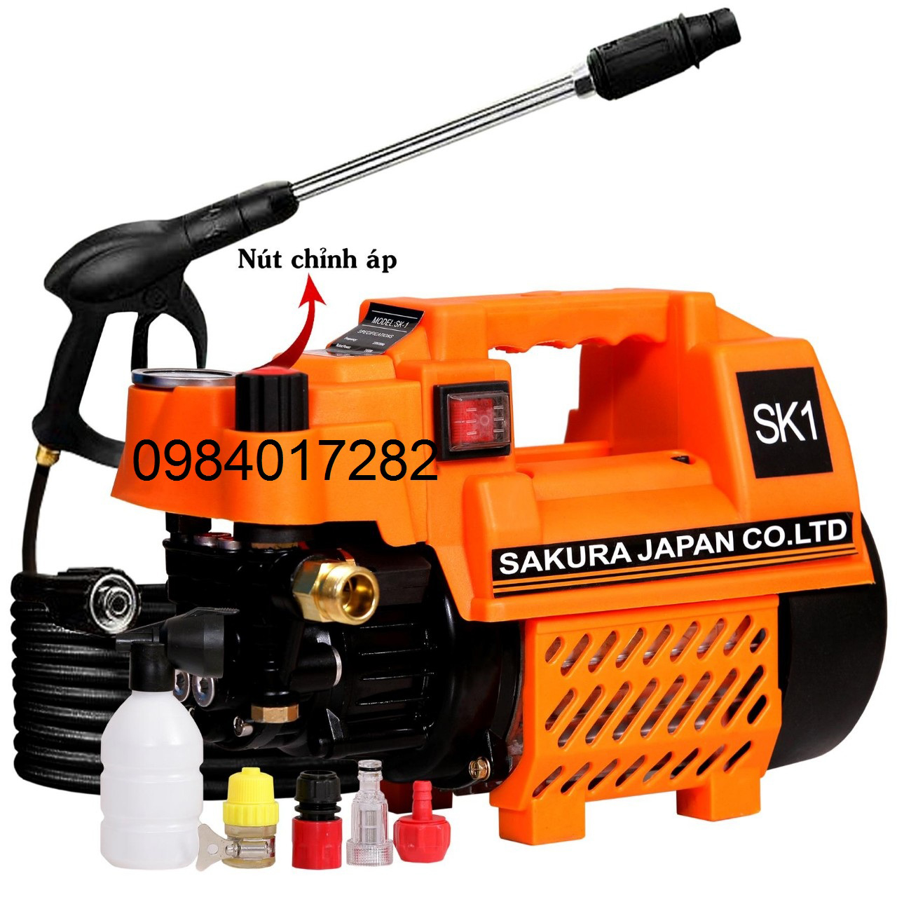 Máy Rửa Xe Chỉnh Áp SAKURA .Japan SK1. Công Suất 2400W. Có chỉnh áp trên thân máy. Máy xịt rửa xe máy. Ôtô. Máy lạnh. Tặng kèm bình tạo bọt.sung dài