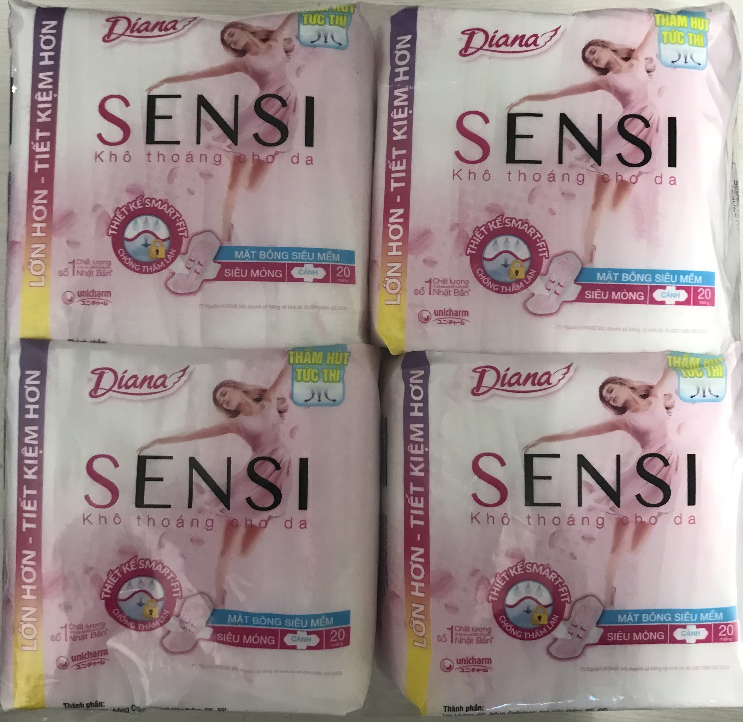 Combo 4 gói băng vệ sinh diana sensi siêu mỏng cánh gói 20 miếng