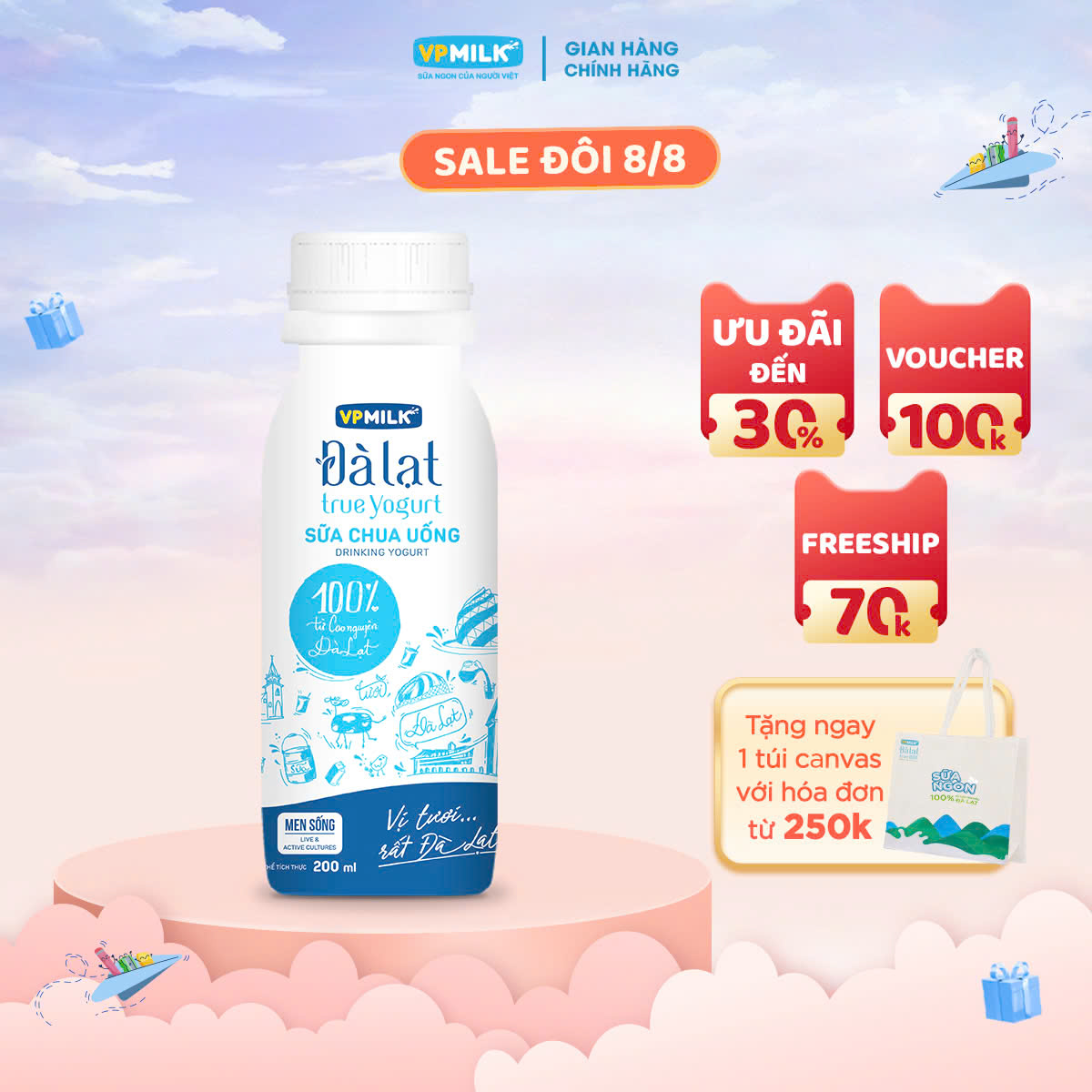 Sữa Chua Uống VPMilk Đà Lạt True Yogurt chai thể tích 200ml dùng trực tiếp hoặc pha chế thức uống