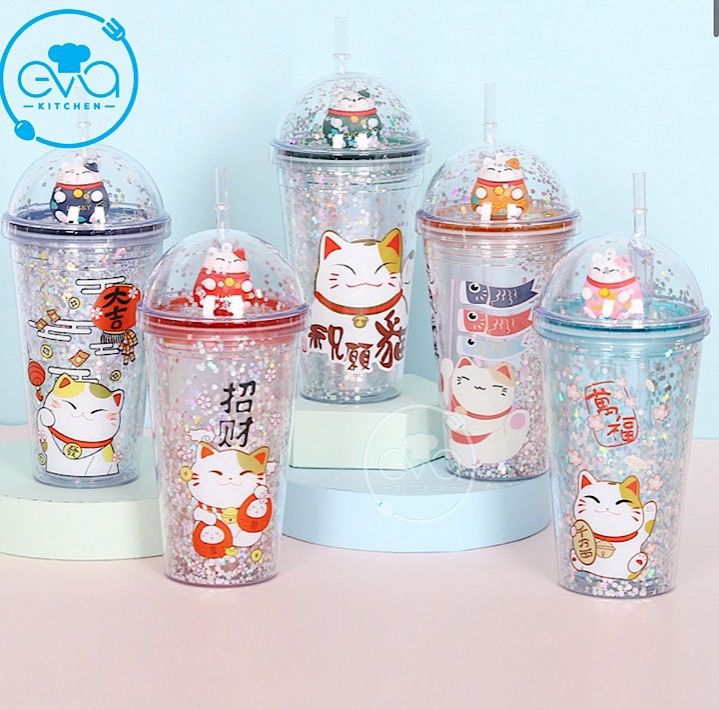 [HCM]Ly Pha Lê 2 Lớp Cách Nhiệt Mèo Thần Tài May Mắn 500 Ml M2774