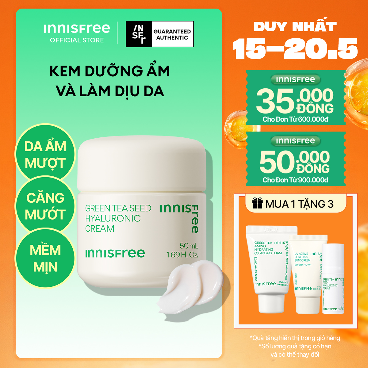 Kem dưỡng cung cấp ẩm từ trà xanh và dầu hạt trà xanh tươi INNISFREE Green Tea Seed Hyaluronic Cream