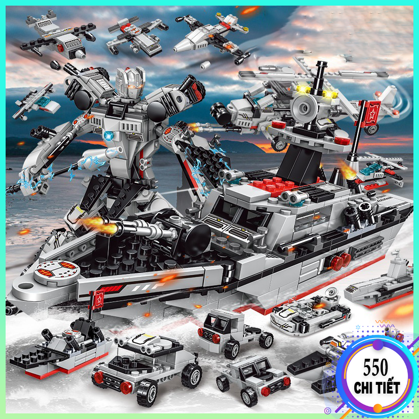 Bộ Đồ Chơi Lắp Ráp Lego Tàu Chiến 550 chi tiết, xếp hình lego robot, mô hình lắp ráp máy bay, trực thăng đồ chơi cho bé| 33 cách chơi