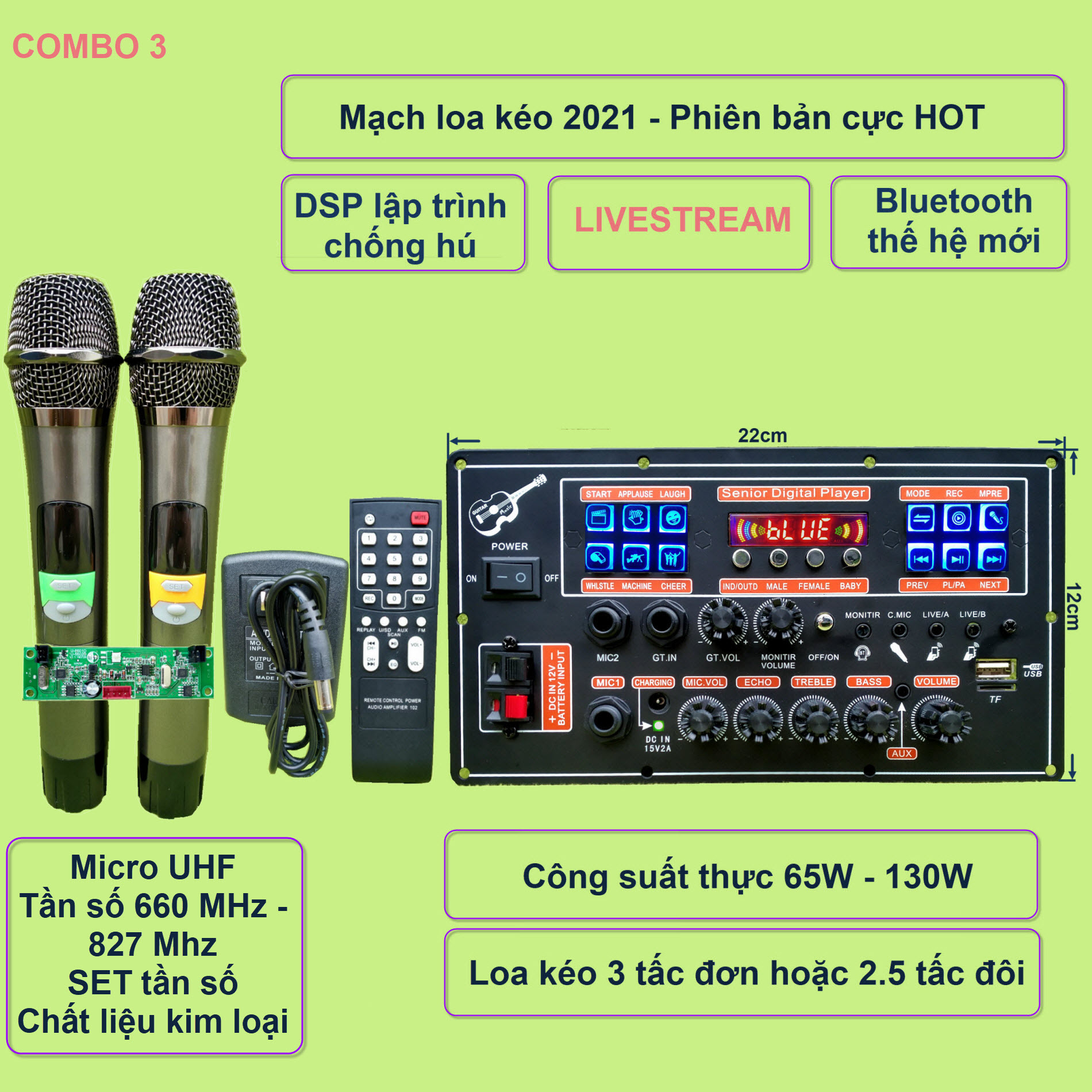Mạch loa kéo LIVESTREAM DSP lập trình chống hú IC MD9840 công suất 65W – 130W kèm Micro đơn hoặc đôi - Bluetooth thế hệ mới - có Guitar điện