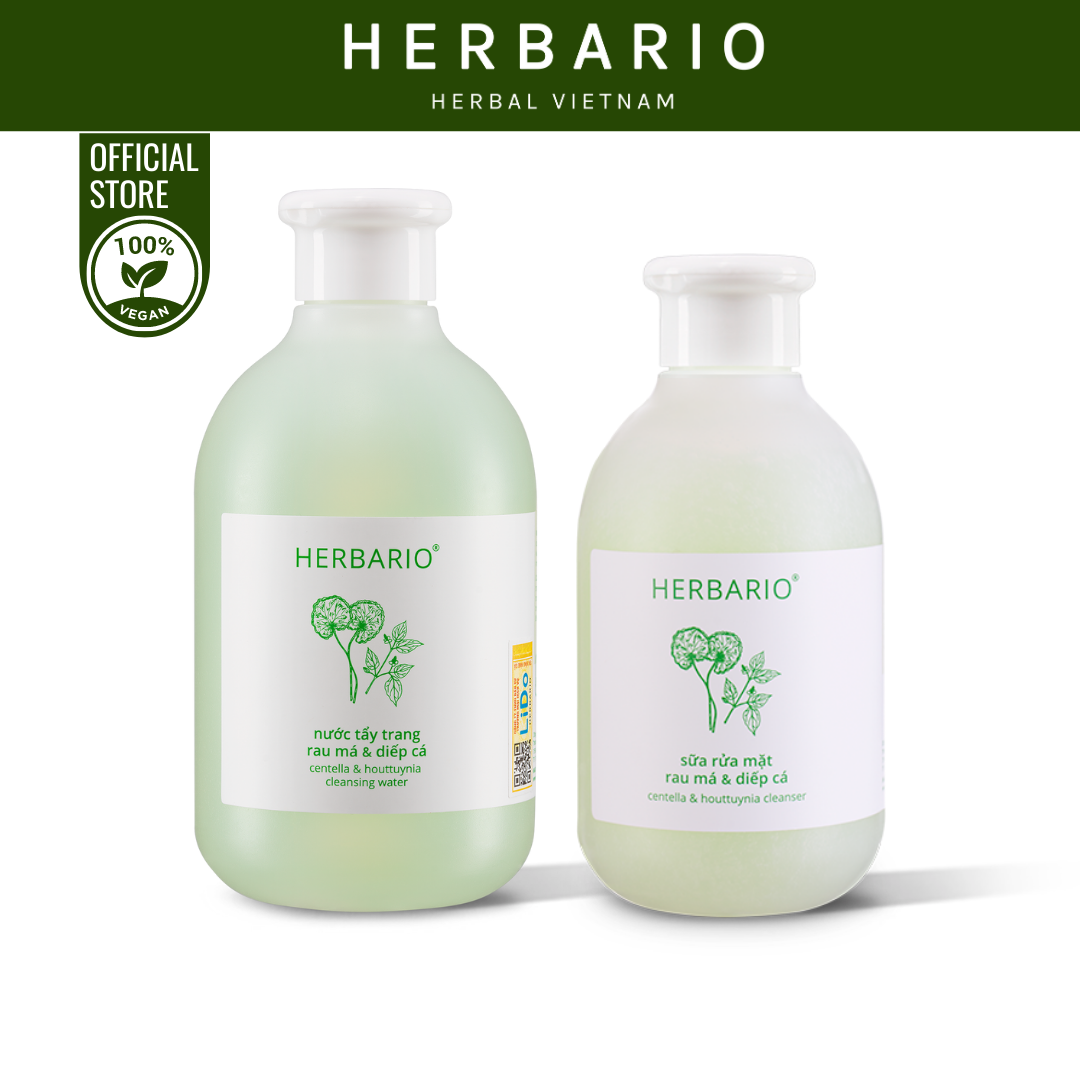 Combo Nước tẩy trang rau má diếp cá 300ml, Sửa rửa mặt rau má diếp cá 200ml Herbario kiềm dầu, sạch mụn thuần chay