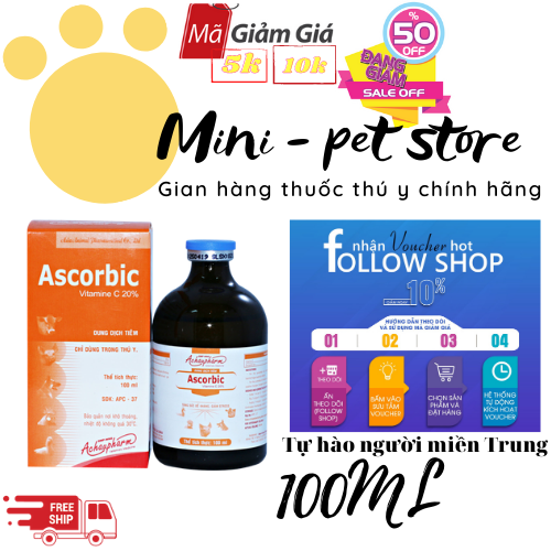 [100ML] ASCORBIC (Vitamin C 20%) thiếu Vitamin C,  Tăng sức đề kháng, CHO GIA SÚC, GIA CẦM , TRÂU, GÀ, HEO, BÒ, VỊT  THÚ Y Á CHÂU
