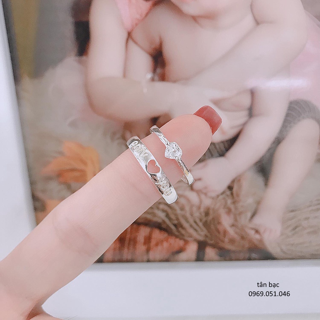 Nhẫn đôi bạc ta , nhẫn cặp trái tim yêu thương , đính đá nhỏ xinh - bạc ngọc tân