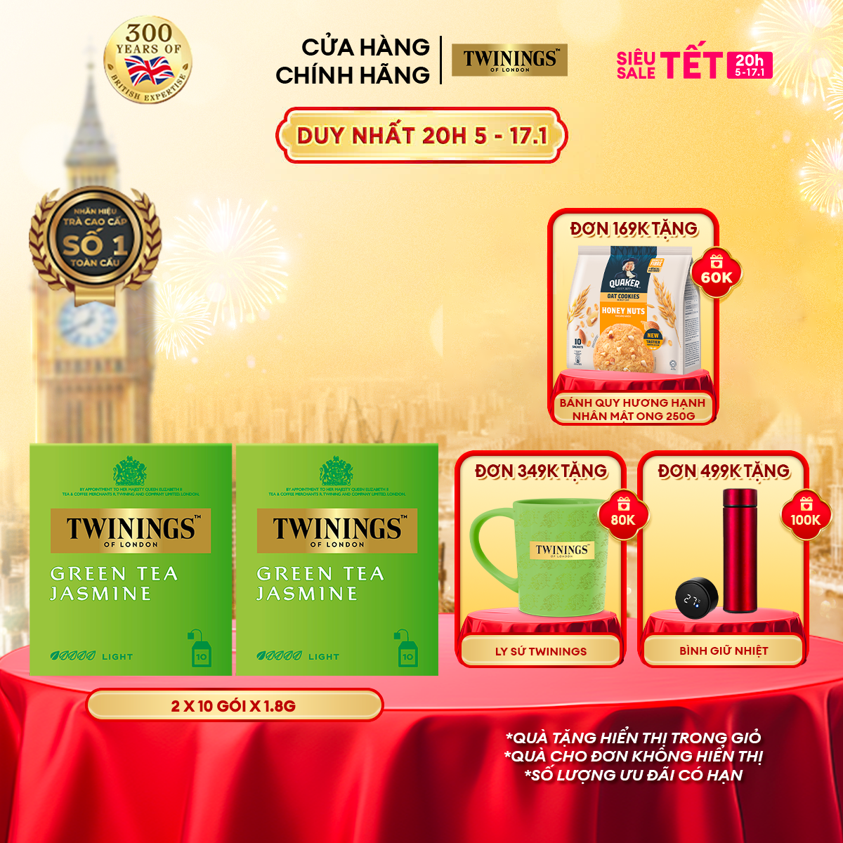 Combo 2 Trà xanh Túi Lọc Hương Hoa Nhài Twinings Green Tea Jasmine - Hộp 10 Gói 1.8G