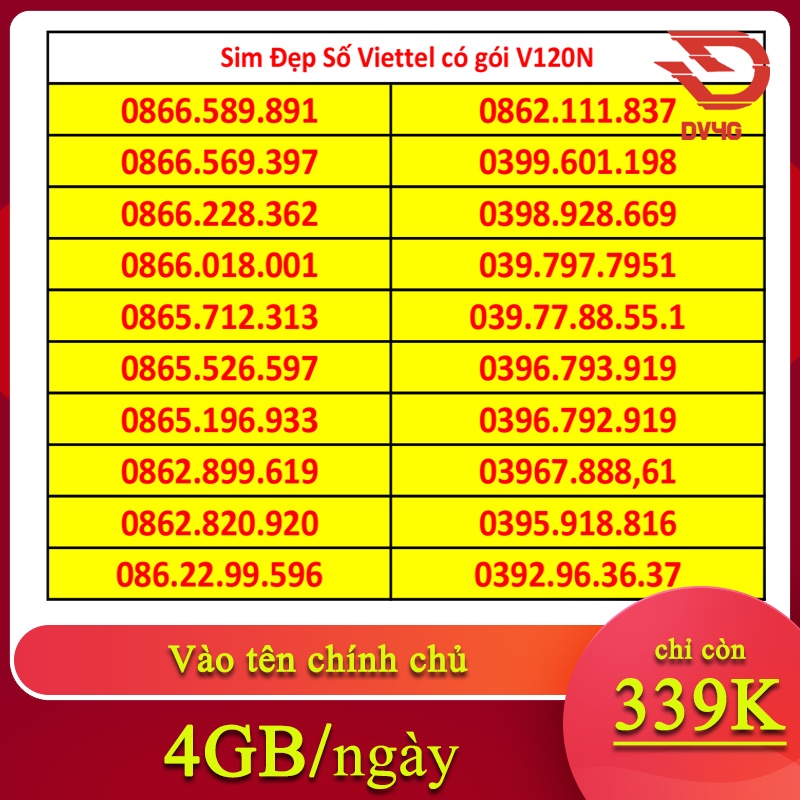 Sim số đẹp, sim số chọn Viettel có sẵn gói V120N vào tên chính chủ sử dụng vĩnh viễn.