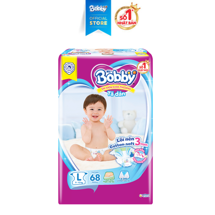 (CHỈ 20H 24.8-29.8 QUÀ TẶNG ĐH 399K) Tã/Bỉm dán Bobby 3mm Ultra Jumbo Gạo non Giảm nhiệt L68