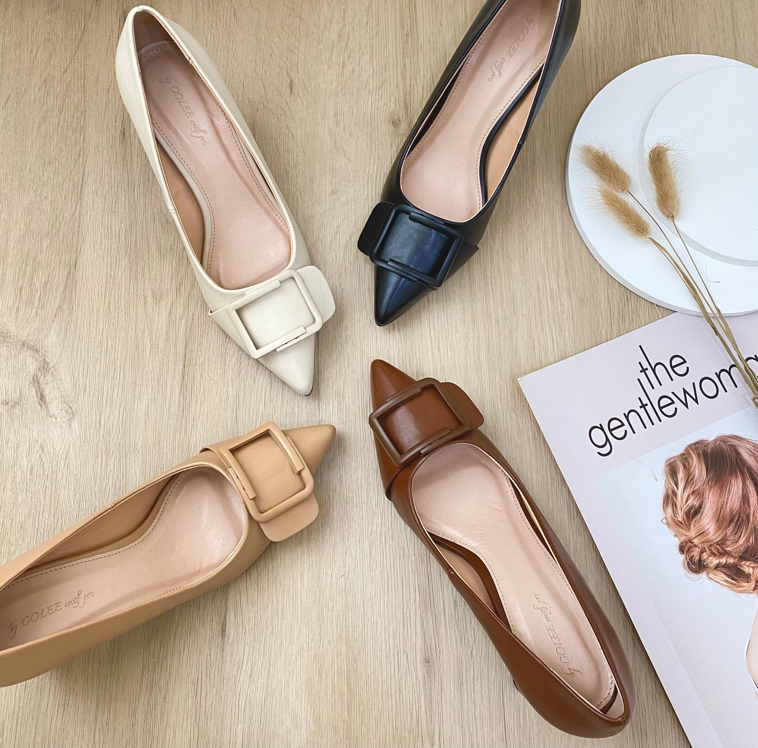 Giày cao gót mũi nhọn khoá vuông thời trang Colee gót dẹp cao 7cm