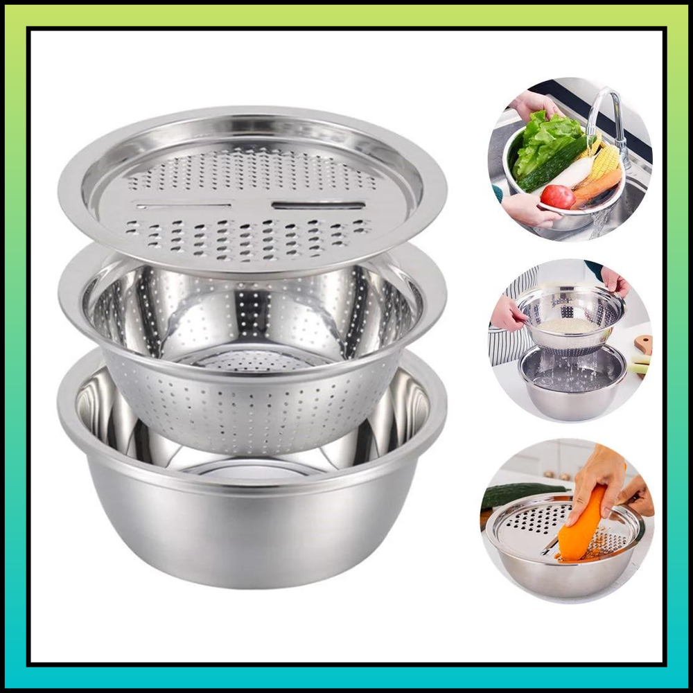 Bộ bào nạo rau củ kiêm rổ và chậu Inox Cao cấp đa năng , Bộ bào sợi đa năng 3 trong 1 , Bộ rổ chậu bào sợi đa năng , bộ rổ chậu inox kèm bào sợi , Set chậu rổ bào sợi inox