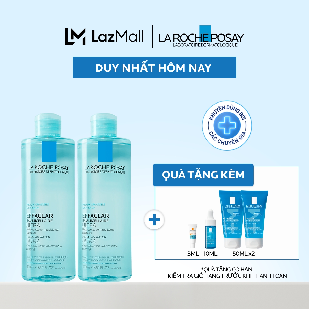 Bộ sản phẩm nước tẩy trang làm sạch sâu giàu khoáng dành cho da dầu nhạy cảm La Roche-Posay Effaclar Micellar Water Oily Skin 400ml