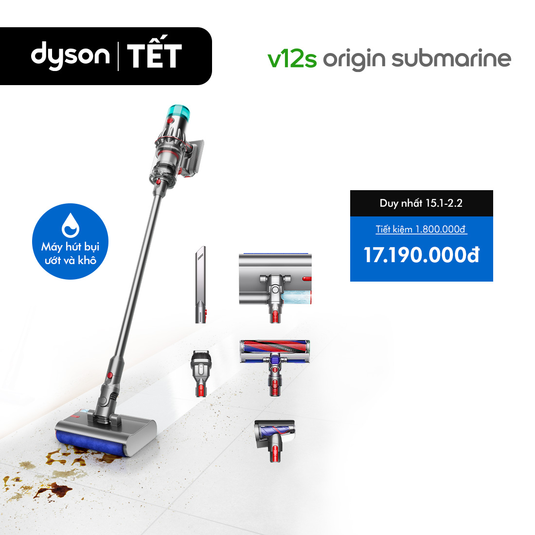   DUY NHẤT 1-3.1: VC 12% Tối đa 3 Triệu  Máy hút bụi lau nhà Dyson V12s Origin SubmarineTM  khô và ướt  