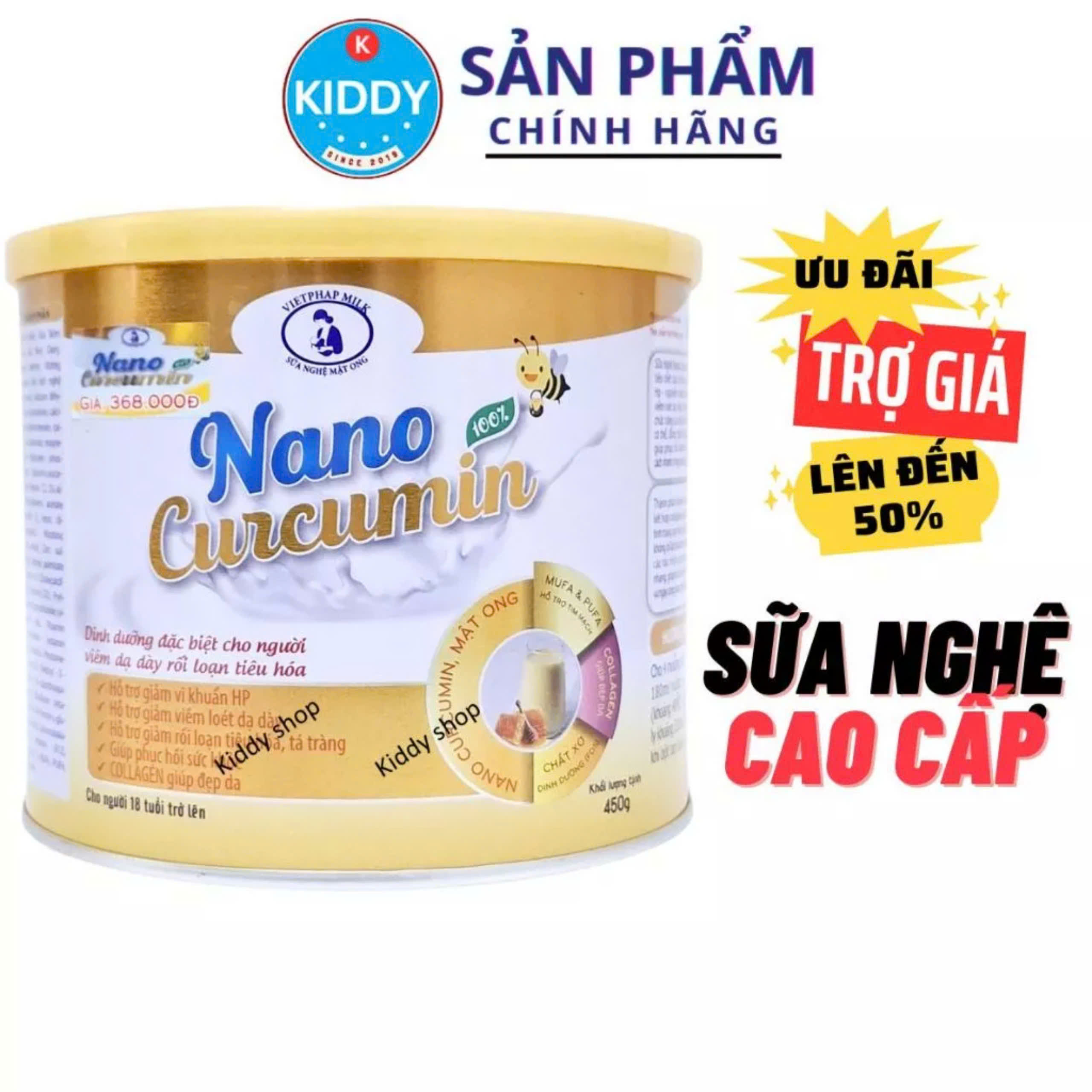 Sữa nghệ Nano Curcumin - giảm đau dạ dày, tá tràng, vi khuẩn HP, làm đẹp da 450g (kiddy1234)