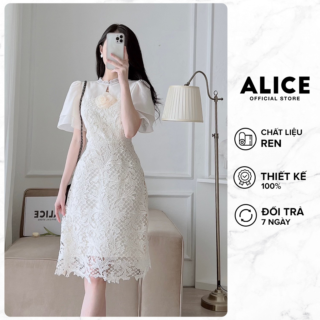 Váy Ren Kem Tiểu Thư ALICE Chất Vải Ren Hàn Lót Lụa Cao Cấp Váy Dáng Suông Thiết Kế Chiết Eo Kèm Hoa Đính Ngực Thanh Lịch V783