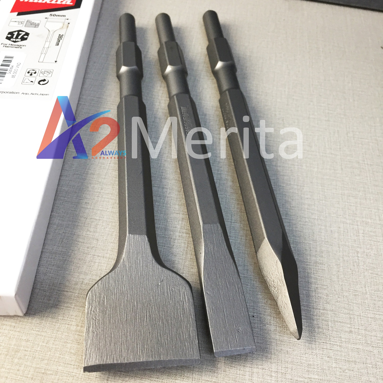 Bộ 3 mũi đục bê tông 280mm chuôi lục giác hex 17mm makita